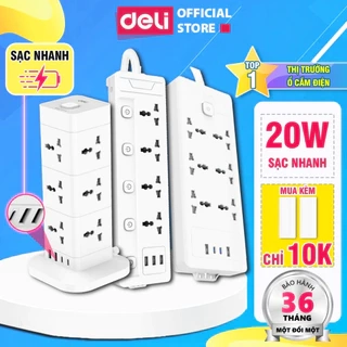 Ổ Cắm Điện DELI Đa Năng Sạc Nhanh PD20W TypeC USB Ổ Điện Vuông Dẹt Công Suất 2500W Lõi Chống Giật