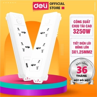 Ô Cắm Điện DELI Công Suất Lớn 3250W Ổ Điện Đa Năng Chịu Tải Cao Sạc USB Tiết Diện Dây Đồng Lớn