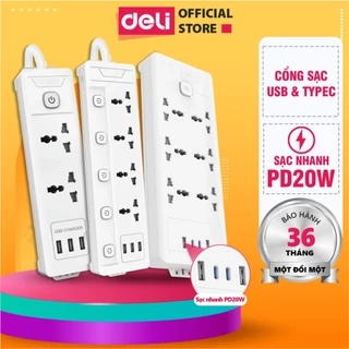Ổ Cắm Điện DELI Tích Hợp Cổng Sạc USB TypeC Sạc Nhanh 20W CSuất 2500W Bảo Vệ Quá Áp Chống Cháy Nổ