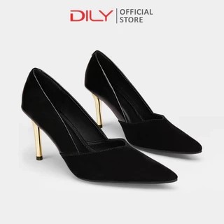 Giày cao gót nữ DILY phối da thời thượng, giày bít mũi gót nhọn ánh vàng cao 8cm AA0481