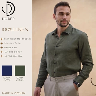 DODEP Áo Sơmi nam 100% linen premium tay dài màu be