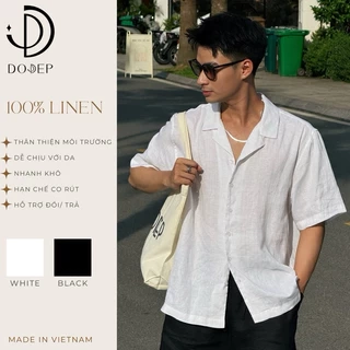 DODEP Áo sơmi nam cổ cuban 100% linen premium tay ngắn màu trắng, đen