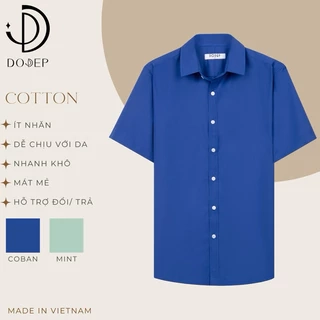 DODEP Áo sơmi nam công sở tay ngắn cổ V xanh coban, xanh mint
