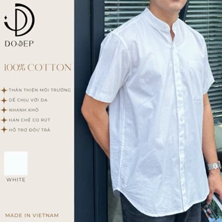 DODEP Áo sơmi nam tay ngắn cổ trụ màu trắng