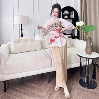 Bộ Lam Đi Chùa SOJUN Đồ Pháp Phục Lụa Gấm Cổ Trụ Nút Bọc Thiết Kế Size Dưới 65kg