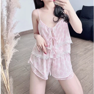 Đồ Ngủ Sexy Nữ  SOJUN Bộ Chiffon Phối Ren 2 Tầng Dưới 65Kg