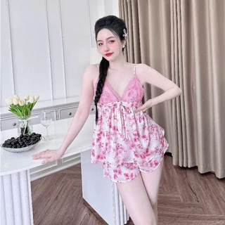 Đồ Ngủ Sexy Nữ SOJUN Bộ Lụa 2 Dây Latin Ren Đô Ngực In Dưới 65Kg