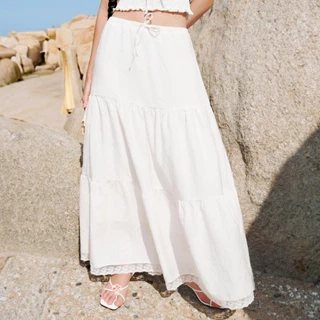 DOTTIE - Chân váy maxi phối ren - Trắng - S0208