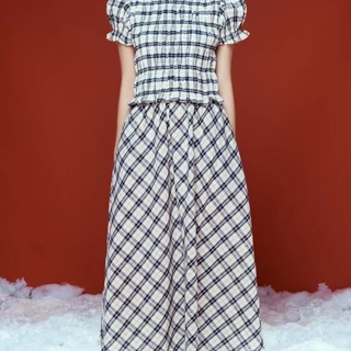 DOTTIE - Chân váy midi kẻ ô - Xanh đen - S0253