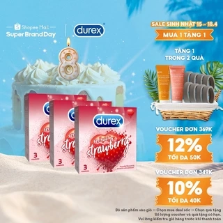 Bộ 3 hộp Durex Sensual Strawberry hương dâu (size 53mm, 3 bao/hộp)