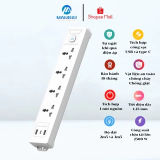 Combo ổ cắm điện đa năng Manigo chiều dài 2,5M công suất 2500W Tích Hợp Sạc USB TypeC BH 18 Tháng