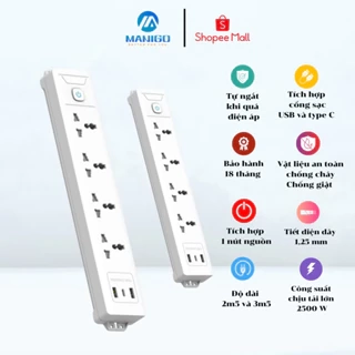 Ổ Cắm Điện Đa Năng Manigo Công Suất 2500W Tích Hợp USB TypeC Ổ Vuông Dẹt 2,5m-3,5m BH 18 Tháng