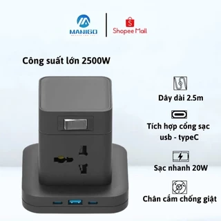 Ổ Cắm Điện Đa Năng Manigo Nhiều Lỗ Cắm 2500W Tích Hợp USB TypeC Sạc Nhanh PD20W An Toàn Có Cầu Chì