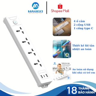 Ổ Cắm Điện Đa Năng Tích Hợp Cổng USB Manigo 4 Lỗ Cắm Đầu 3 Công Suất 2500W BH 18 Tháng
