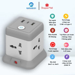 Ổ cắm điện Manigo nhiều ổ cắm 2 cổng USB TypeC công suất 2500W dây dài 2.5m tự ngắt áp BH 18 Tháng