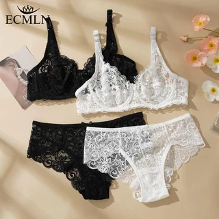 ECMN Bộ áo ngực và quần lót ren một lớp gợi cảm rỗng dành cho nữ cỡ lớn Áo ngực nâng ngực không đệm