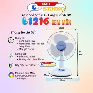 Quạt điện để bàn tiện lợi cao cấp Senko B1216 - Màu sắc tuỳ chọn - Hàng chính hãng