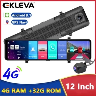 Ekleva 4G 12 "Gương ô tô Android 8.1 Dash Cam DVR 1080P Camera kép WiFi BT 4.0 Điều hướng ADAS Giám sát ghi Video từ xa