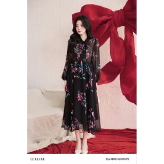 Đầm đen voan hoa nơ cổ thiết kế Elise ES2410216DIWOPB
