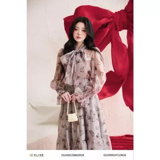 Áo sơ mi tơ ghi HT bướm nơ cổ thiết kế Elise ES2409034TLORGR