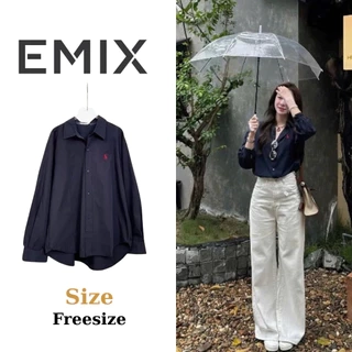 Áo sơ mi chất thô xanh than thêu ngựa đỏ Emix