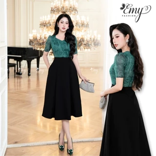 Đầm Công Sở EMY Cao Cấp EM9436 Dáng Xoè Sang Trọng, Thiết Kế Dự Tiệc Cổ Lục Giác Vải Tơ Kaki Xếp Ply Phối Đen Xanh