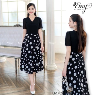Đầm Thiết Kế EMY Cao Cấp Thanh Lịch Sang Trọng EM7527 Dáng Xoè Công Sở Chấm Bi Trắng Cổ Chữ V Có Túi