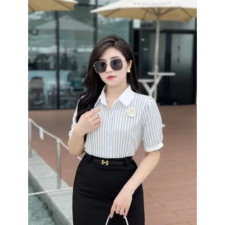 Áo sơ mi nữ kẻ ngắn tay cổ đức cài hoa  chất vải nhập Hàn Evalover