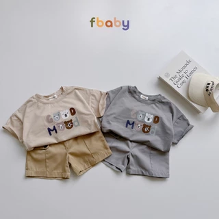 Set bộ cotton cộc tay bé trai cổ tròn in chữ quần kaki Fbaby bé mặc ở nhà, đi học, đi lớp, đi chơi FB1124