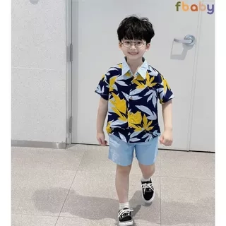 Set bộ sơ mi cộc tay bé trai áo thô lụa họa tiết cổ đức quần linen Fbaby FB0224