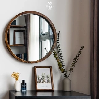 Gương tròn treo tường viền gỗ tự nhiên FEGO dành cho bàn trang điểm, decor phòng tắm và phòng ngủ
