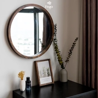 Gương tròn viền gỗ tự nhiên FEGO cho bàn trang điểm, nhà tắm, decor quán cafe