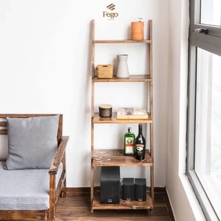 Kệ thang FEGO 5 tầng để sách gỗ thông tự nhiên trang trí phòng khách, phòng làm việc