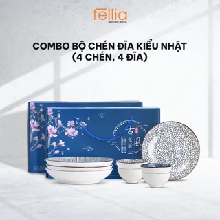 Combo 2 bộ chén bát đĩa Fellia kiểu Nhật (4 chén, 4 đĩa, 4 đũa) | Sứ cao cấp | Đóng hộp quà tặng