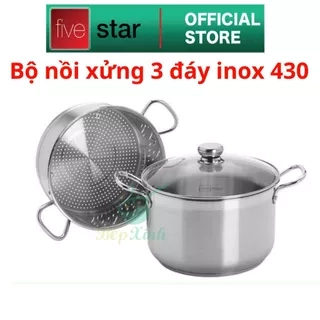 Bộ nồi xửng hấp 3 đáy inox 430 cao cấp Fivestar nắp kính size 20cm | 24cm | 26cm | 28cm | 30cm | 32cm , phù hợp mọi bếp