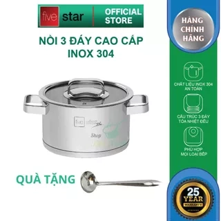 Nồi thân cao 3 đáy inox 304 Fivestar Plus quai vuông nắp kính ( 16cm / 18cm / 20cm / 24cm )- tặng 1 vá canh