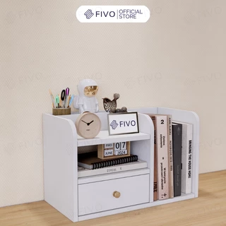 Kệ Sách Gỗ Mini Để Bàn FIVO FB26 Cao Cấp Màu Trắng Và Xám, Có Hộc, Tiết Kiệm Diện Tích, Bo Góc Thẩm Mĩ