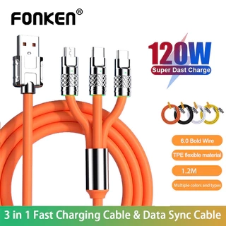 Cáp sạc nhanh FONKEN chất liệu silicone và hợp kim kẽm 3 trong 1 120W 6A cổng type C