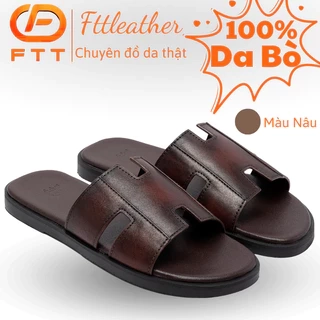 Dép da bò nam chữ H FTT Leather quai ngang màu nâu dáng trơn đế cao cấp bền, nhẹ, độ bám tốt D10541