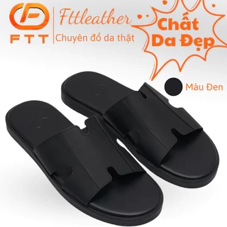 Dép da nam chữ H FTT Leather da microfiber quai ngang dáng trơn đế TPR bền, nhẹ, độ bám tốt