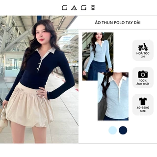 Áo thun tay dài nữ cổ polo GAGO Brand chất cotton mềm mịn tôn eo màu xanh