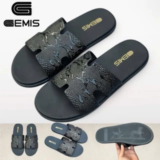 Dép Lê nam Chữ H Fun đen Vân 3D quai ngang da xít đế cao su khâu quai chắc chắn