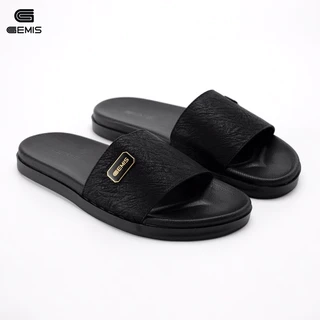 DéP Nam GEMIS quai ngang dép da màu đen khâu quai cao 2.5cm Slipper Đế Bằng Cao Su