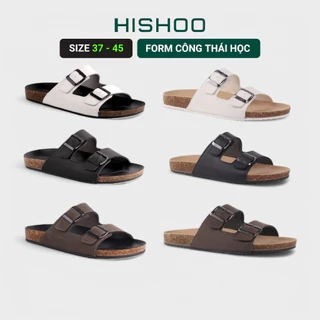 Dép đế trấu birken unisex da bò nam nữ MẶT ĐEN 2 khóa quai ngang size 37 - 45 chính hãng Hishoo M093
