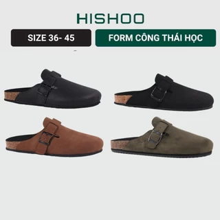 Dép đế trấu sục Boston nam nữ unisex quai ngang da lộn (Xám/ Kem/Bò) đi học công sở bigsize chính hãng Hishoo VNXK R109