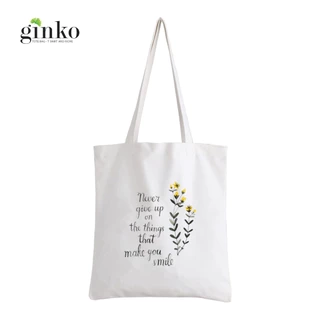 Túi Tote Vải Canvas Trắng GINKO Kiểu Basic có dây kéo khóa ( có túi con) In Hình Never Give Up G128