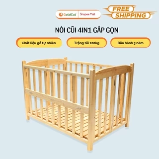 Cũi Cho Bé GOLDCAT 4IN1 Làm Từ Gỗ Quế Tự Nhiên, Có Thể Gấp Gọn Điều Chỉnh 2 Mức Cũi, Kèm Đệm Muslin Cao Cấp