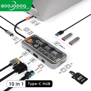 Hub GOOJODOQ Type C và USB 3.0 chia cổng 10 trong 1 PD1000W HDMI 4k VGA RJ45 TF/SD cho laptop
