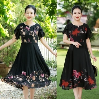 GOTI - Đầm Xòe Dáng Dài Quý Bà Kiều Đầm Xòe Trung Niên Size Lớn In Hoa Có Size Cho Người Mập 3339 3254