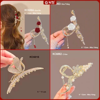 GOTI - Kẹp Càng Cua Lớn Hình Hoa Trắng Lá Xanh Đính Hạt Xinh Xắn Quà Tặng Nữ 20/10 8/3 – Phụ Kiện Tóc Thanh Lịch KC609